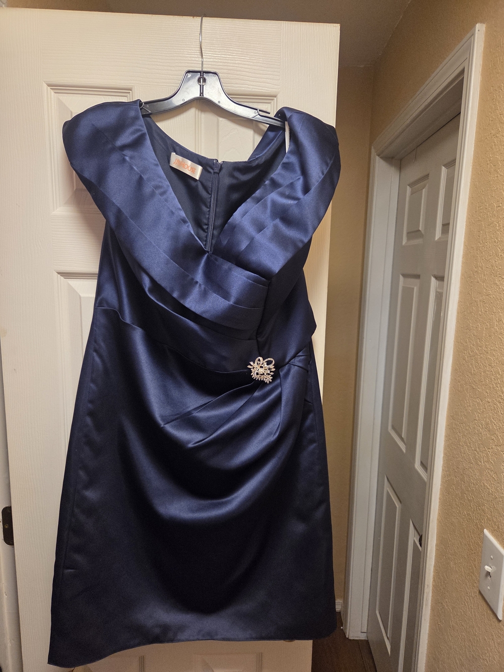 JJs House Navy Midi Dress with Decorative Brooch